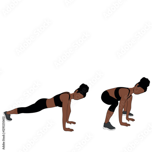 A Black African woman in black clothing doing plank to squat exercise. Flat vector illustration isolated on white background.