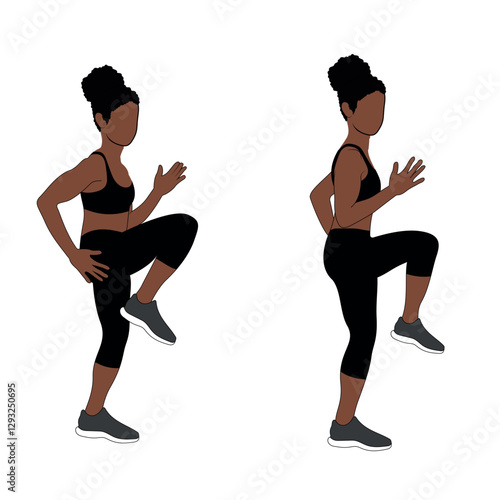 A Black African woman in black clothing doing high knees exercise. Flat vector illustration isolated on white background.