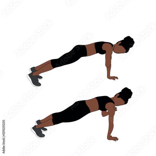 A Black African woman in black clothing doing plank shoulder taps exercise. Flat vector illustration isolated on white background.