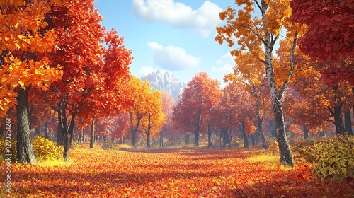 A Path Through a Forest in Full Autumn Splendor  with Trees Displaying Vibrant Red  Orange  and Yellow Foliage  and Fallen Leaves Covering the Ground  Under a Clear Blue Sky.  