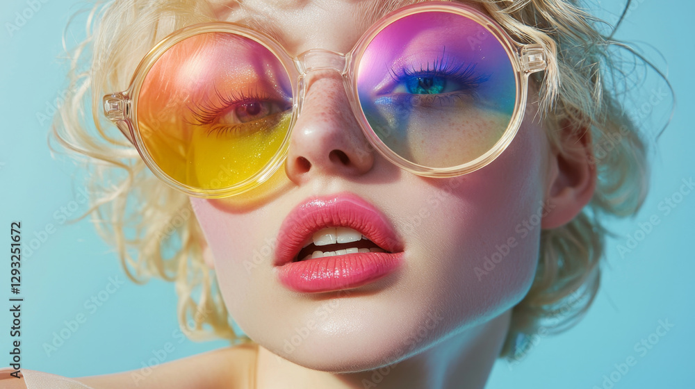 Woman in Colorful Sunglasses with Sunset Reflection Woman in Colorful Sunglasses with Sunset Reflection