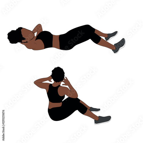 A Black African woman in black clothing doing crunches with a twist exercise. Flat vector illustration isolated on white background.