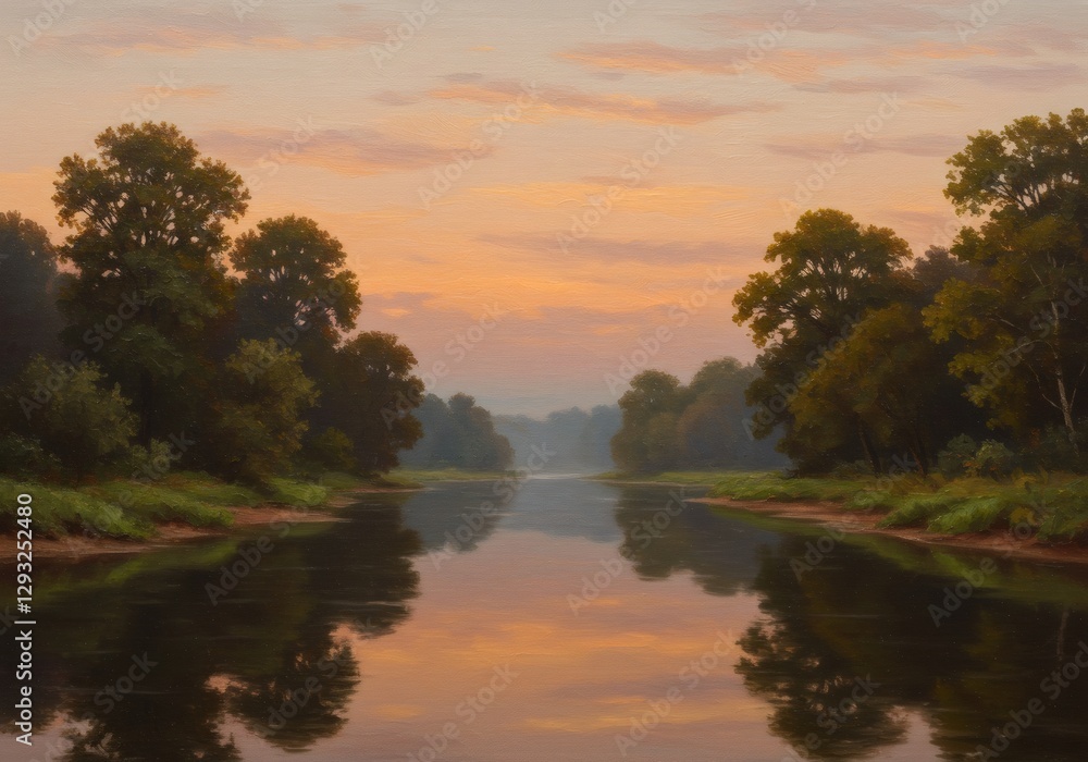 Serene River Sunset Landscape with Tree Reflections Serene River Sunset Landscape with Tree Reflections