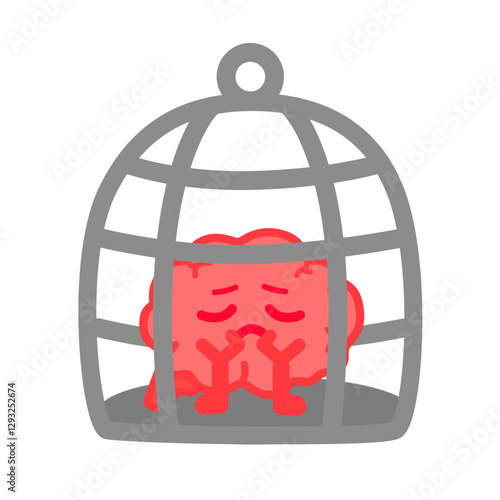 Overthinking Brain in A Cage Cartoon Character Illustration Vector
