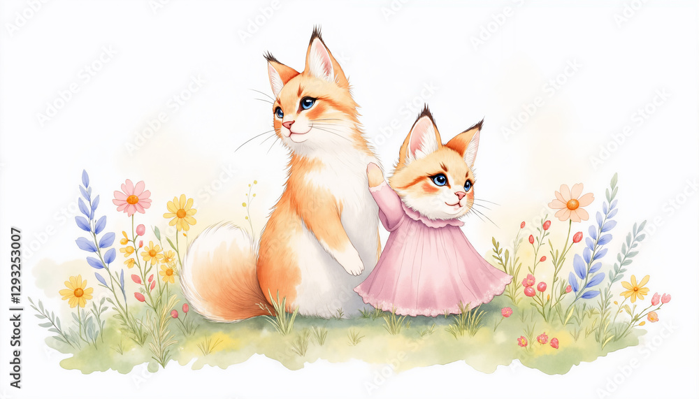 Fototapeta premium Two cats are sitting in a field of flowers. One of the cats is wearing a pink dress