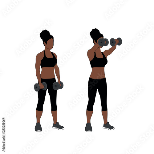 A Black African woman in black clothing doing front shoulder raises exercise. Flat vector illustration isolated on white background	