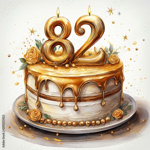 Illustration of decorated gold cake for birthday or anniversary party. Number 82, eighty-second birthday celebration photo