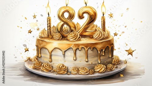 Illustration of decorated gold cake for birthday or anniversary party. Number 82, eighty-second birthday celebration photo