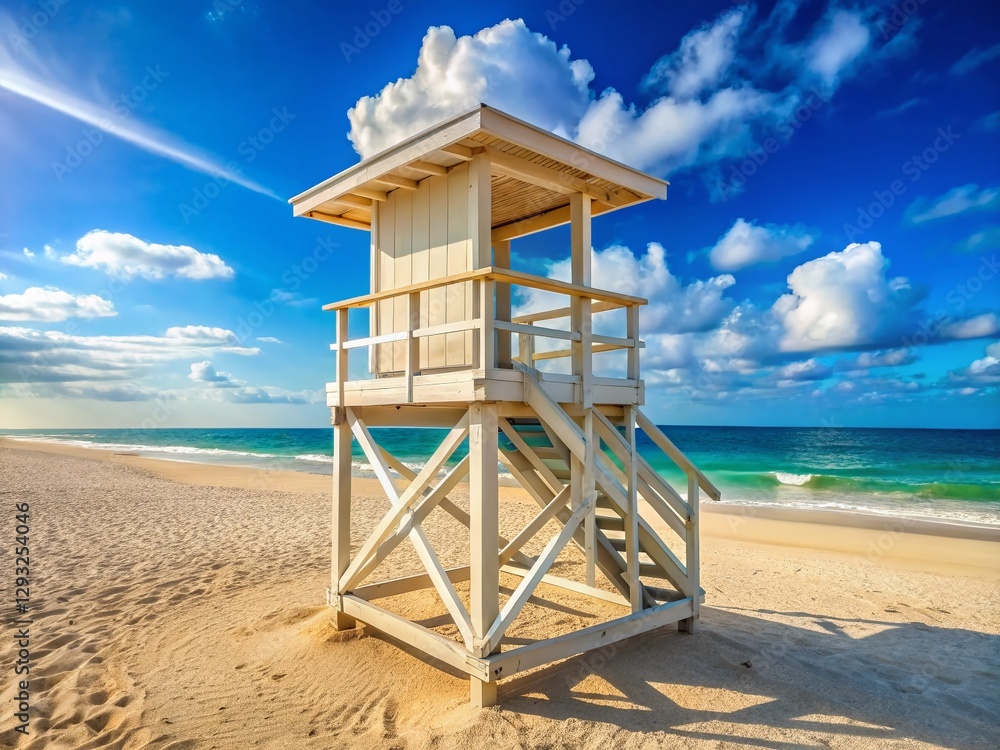 Panoramic View: White Wooden Lifeguard Lookout Tower on Sandy Beach Panoramic View: White Wooden Lifeguard Lookout Tower on Sandy Beach