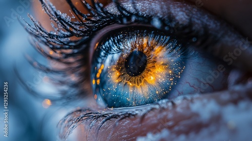 Close-up of a human eye with vibrant orange reflections surrounded by frosty eyelashes, macro shot. Vision and perception concept
