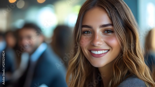 Free Download Cheerful woman with long hair radiantly smiling at the camera in a bright and vibrant setting - GFXLoad