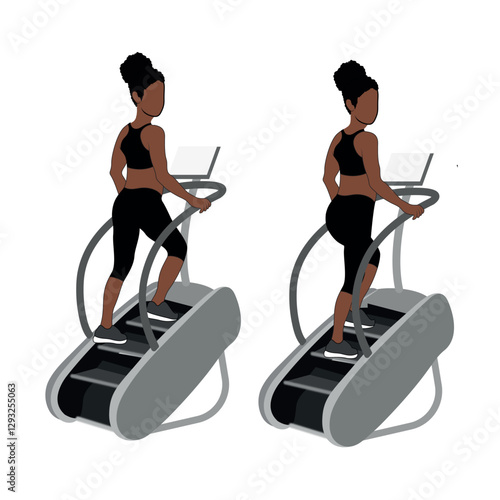 A Black African woman in black clothing side walks on stair master exercise. Flat vector illustration isolated on white background	