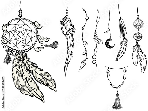 Vector illustration Dream catcher and other hanging decorations