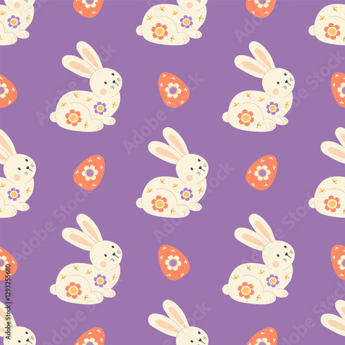 Easter bunny Seamless pattern. Cute paschal decorative rabbit with Egg on violet background. Holiday Vector illustration