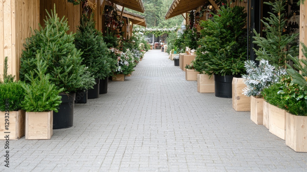 Fototapeta premium Potted evergreen pine trees in wooden boxes line a paved stone walkway at an outdoor garden market.