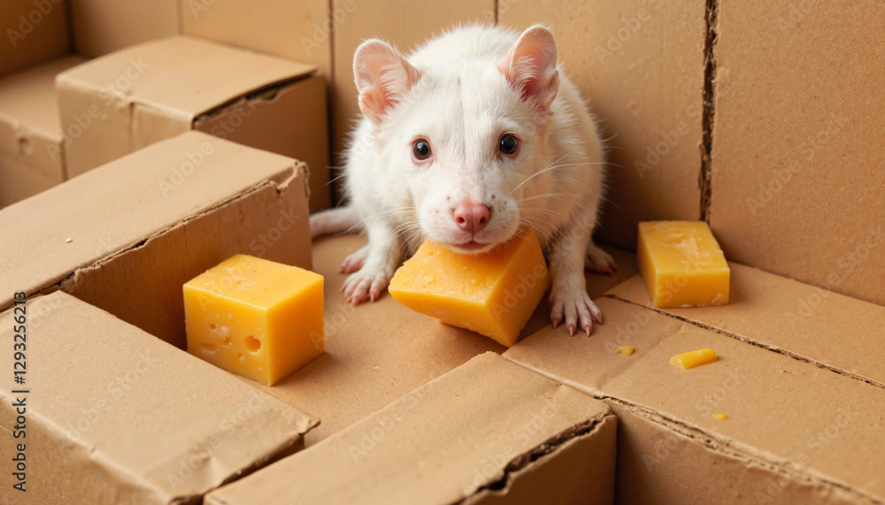 Fototapeta premium Curious white rat exploring cardboard maze with cheese, playful adventure