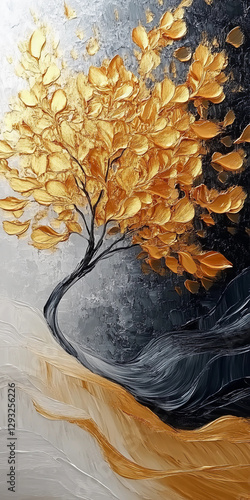 A stunning oil painting of a tree with gold, purple, and blue leaves, set against a soft gradient background with abstract wave-like texture in a light white-to-gray tone