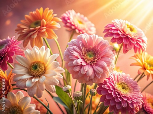 Pastel Pink Background Panoramic Flower Photography: Sunlight Shadows on Delicate Blooms