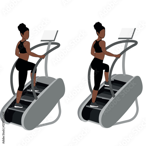 A Black African woman in black clothing doing double steps on stair master exercise. Flat vector illustration isolated on white background	