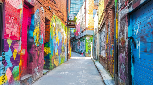 A hidden alleyway filled with colorful street art murals