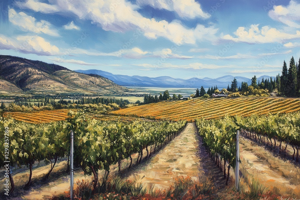 Fototapeta premium Okanagan Valley Vineyard Scenic: Iconic Landscape of British Columbia Winery