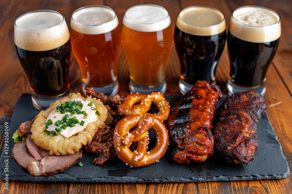 Assorted beers with tasty barbecue and snacks on slate platter Assorted beers with tasty barbecue and snacks on slate platter