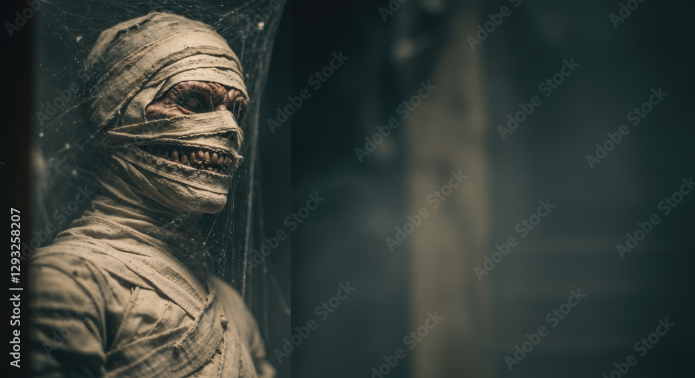Creepy dead mummy wrapped in gauze and covered in cobwebs underground in a dusty dark tomb Creepy dead mummy wrapped in gauze and covered in cobwebs underground in a dusty dark tomb