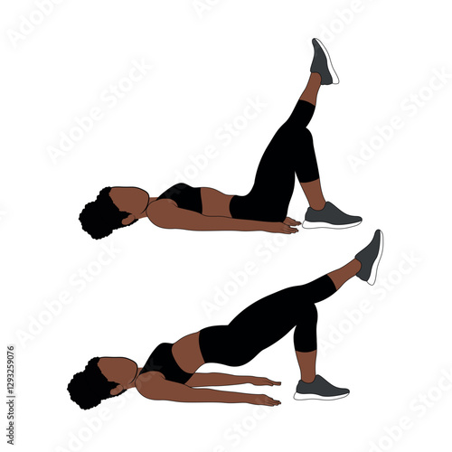 A Black African woman in black clothing doing single leg glute bridges exercise. Flat vector illustration isolated on white background	