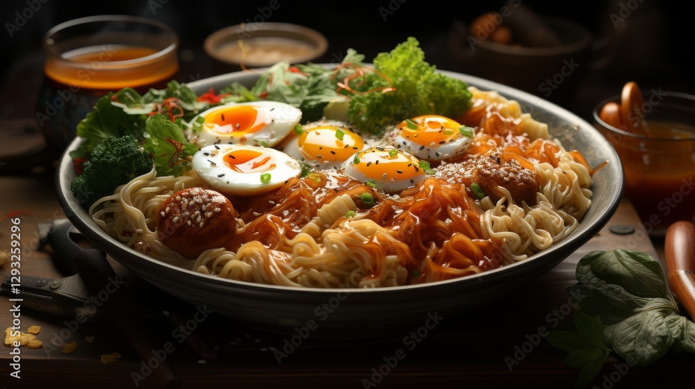 3D Render of Delicious Instant Noodles with Eggs and Vegetables 3D Render of Delicious Instant Noodles with Eggs and Vegetables