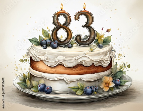 Illustration of decorated white cake for birthday or anniversary party. Number 83, eighty-third birthday celebration photo