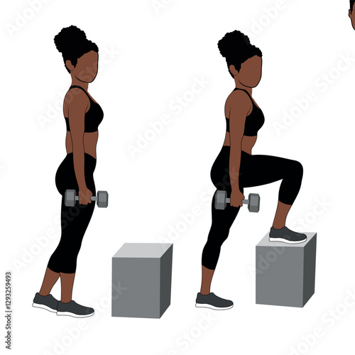 A Black African woman in black clothing doing step ups with dumbbells exercise. Flat vector illustration isolated on white background	