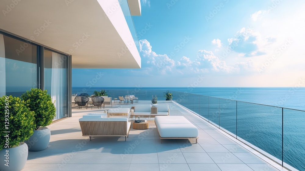 Modern luxury apartment balcony with stunning ocean views, perfect for relaxation and outdoor living. Modern luxury apartment balcony with stunning ocean views, perfect for relaxation and outdoor living.