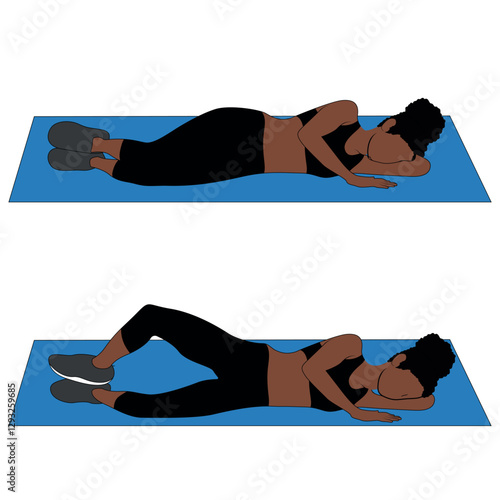 A Black African woman in black clothing doing clamshells exercise. Flat vector illustration isolated on white background	