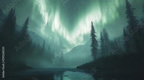 Aurora borealis over misty forest lake