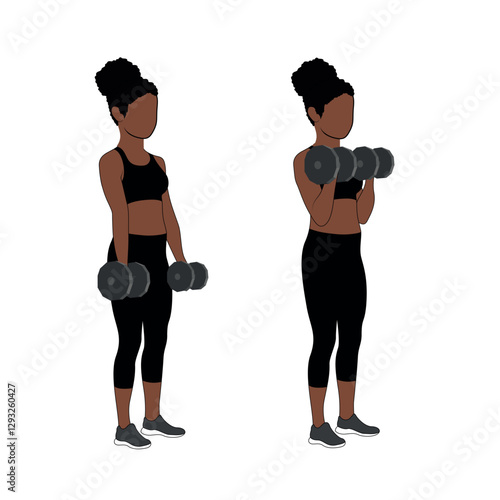 A Black African woman in black clothing doing bicep curls with dumbbells exercise . Flat vector illustration isolated on white background	