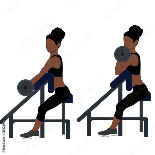 A Black African woman in black clothing doing preacher curls with dumbbells exercise . Flat vector illustration isolated on white background	
