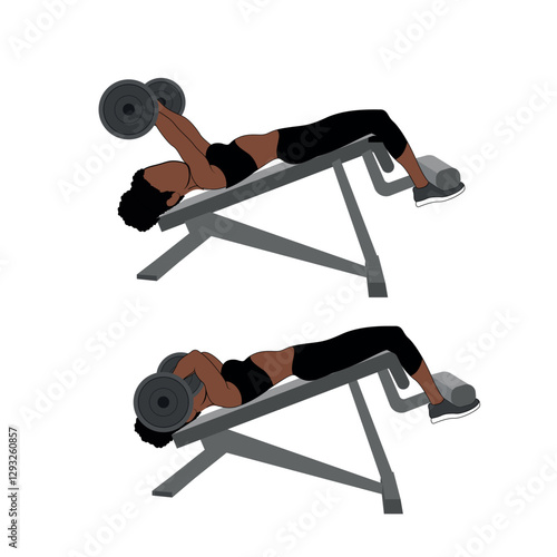 A Black African woman in black clothing doing barbell skull crushers exercise . Flat vector illustration isolated on white background	
