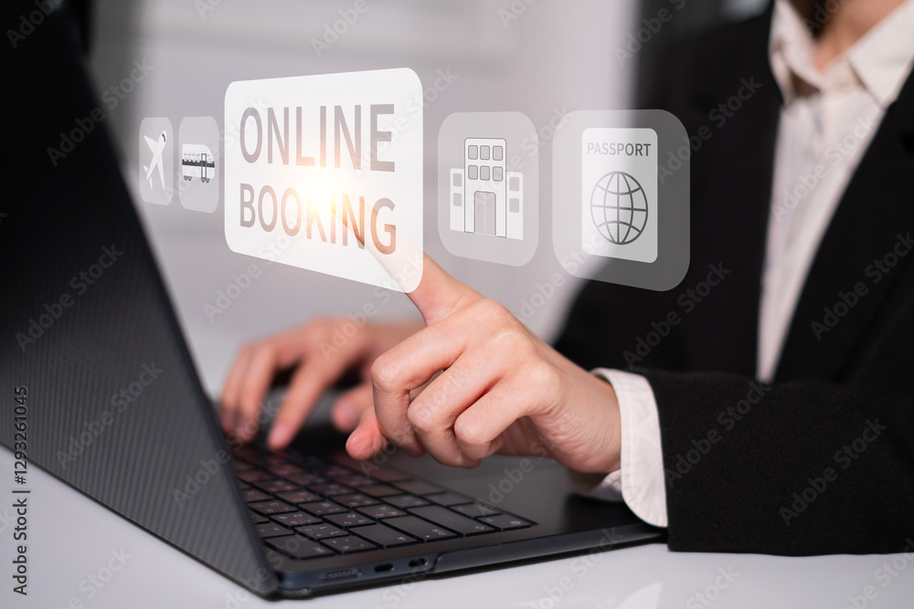 Fototapeta premium Businessman online booking laptop smartphone digital cyberspace travel technology concept