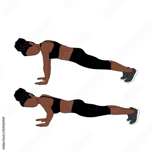 A Black African woman in black clothing doing push ups exercise . Flat vector illustration isolated on white background	