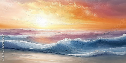 Abstract Ocean Waves Oil Painting with Sunset Background, Soft Colors, Brush Strokes, and Gentle Movement in the Water with Shades of Blue, Gray, Orange, and Yellow