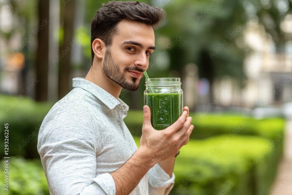 A guy drinks a green smoothie after a workout - sporty style, against the background of a gym or nature. A guy drinks a green smoothie after a workout - sporty style, against the background of a gym or nature.