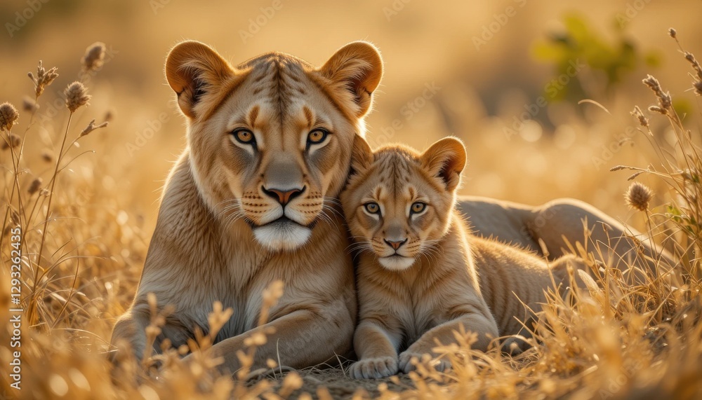 Obraz premium Majestic Lioness and Cub Resting in Golden Savannah Grass at Sunset, Capturing the Beauty and Bond of Wildlife in Their Natural Habitat