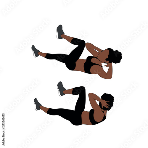 A Black African woman in black clothing doing bicycle crunches exercise. Flat vector illustration isolated on white background