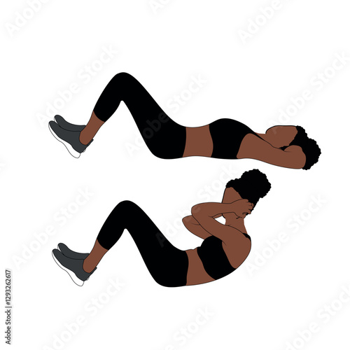 A Black African woman in black clothing doing crunches exercise. Flat vector illustration isolated on white background