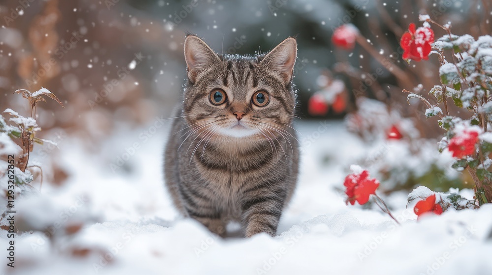 Cute tabby cat in snowy winter garden Cute tabby cat in snowy winter garden