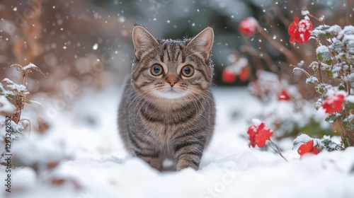 Cute tabby cat in snowy winter garden