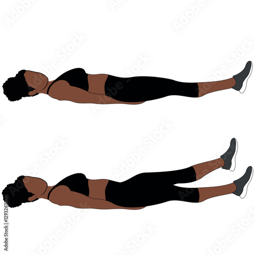 A Black African woman in black clothing doing flutter kicks exercise. Flat vector illustration isolated on white background