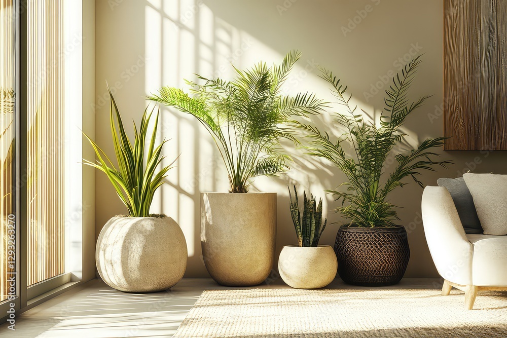A modern 3D-rendered scene of home decor plants, featuring earthy tones, natural textures, and soft lighting. A modern 3D-rendered scene of home decor plants, featuring earthy tones, natural textures, and soft lighting.