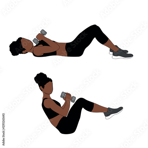 A Black African woman in black clothing doing 90/90 crunches exercise. Flat vector illustration isolated on white background	