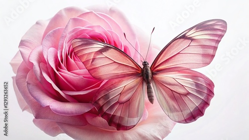Pink Rose Petals and Butterfly Double Exposure - Elegant Floral Stock Photo